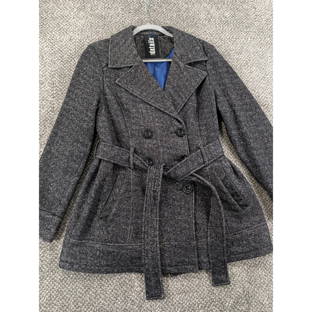 Details Intl Womens Grey Marl Double Breasted Belted Pea Coat Jacket Size M